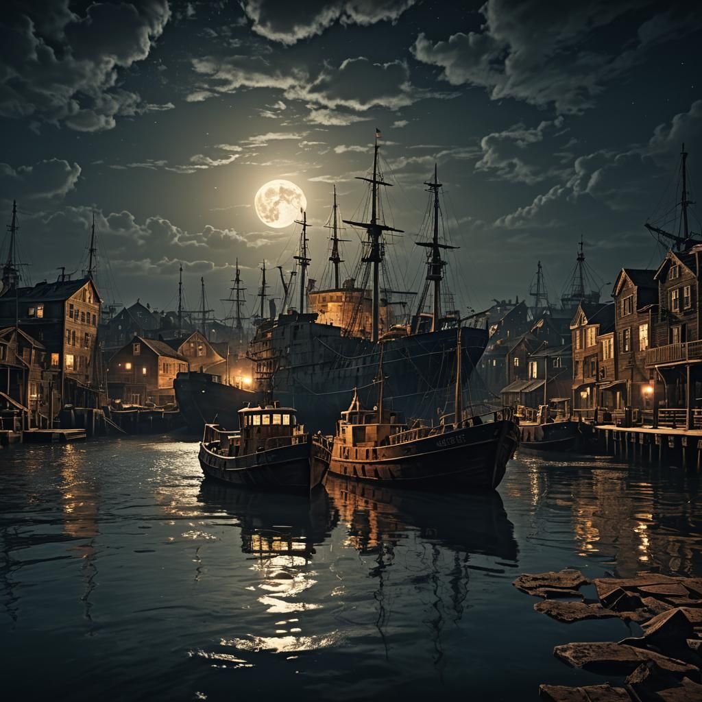 Moonlit Harbor: Cinematic Digital Art of Ships at Night