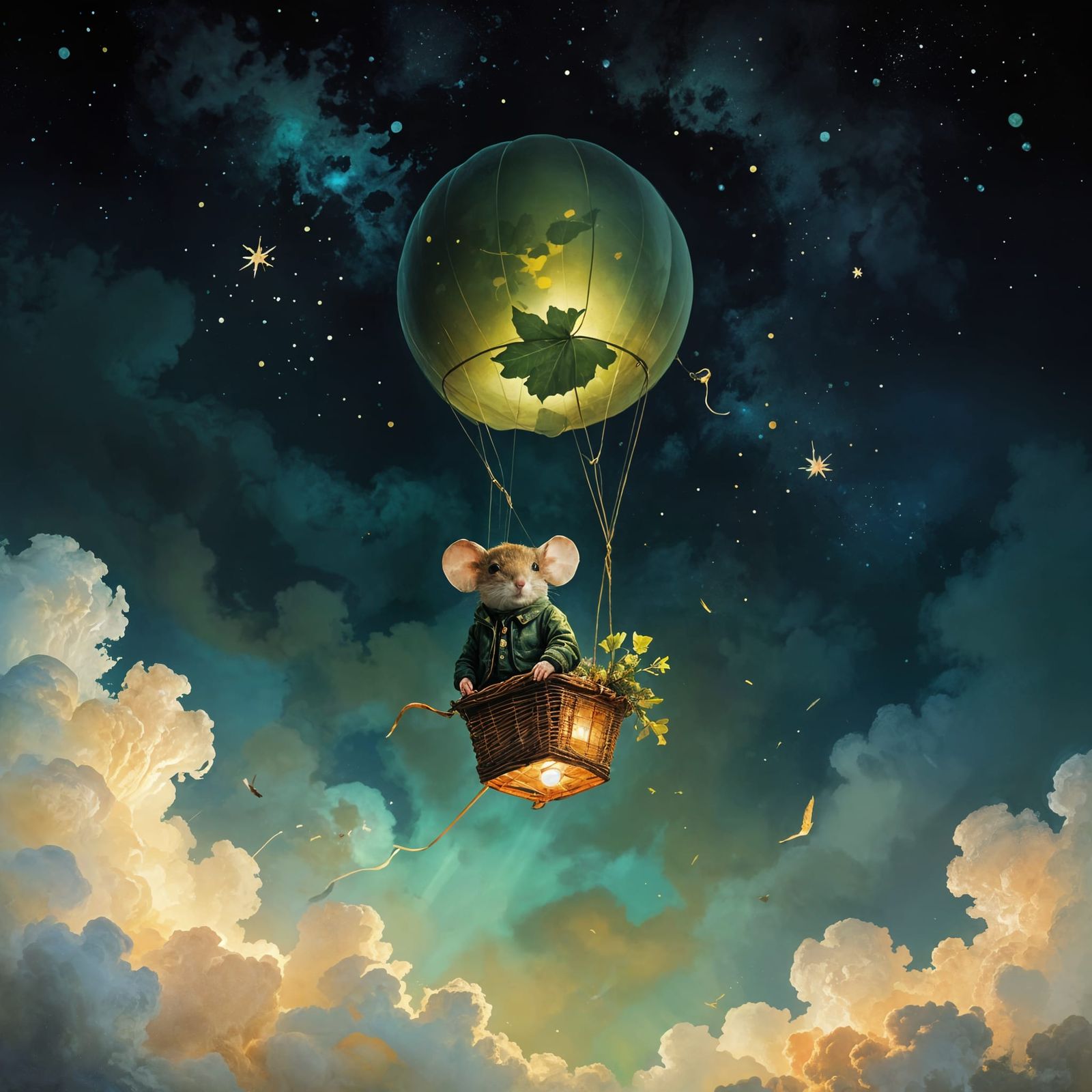 Field Mouse Pilot in Leaf Balloon Under Starry Night