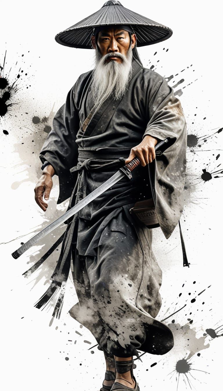 East Asian Warrior Emerges from Ink, Sumi-e Style