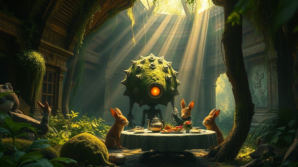 Ancient Automaton & Forest Tea Party Oil Painting