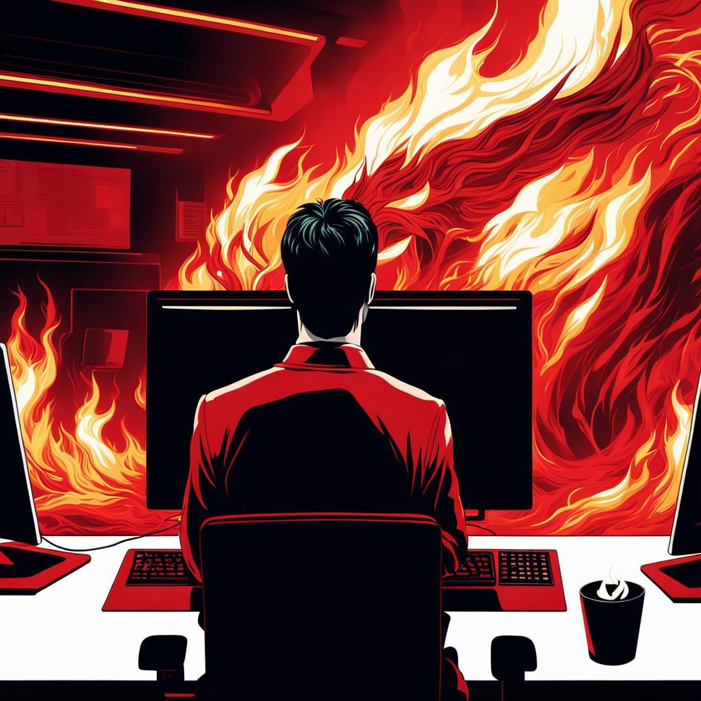 Infernal Office: Man Consumed by Fiery Screen