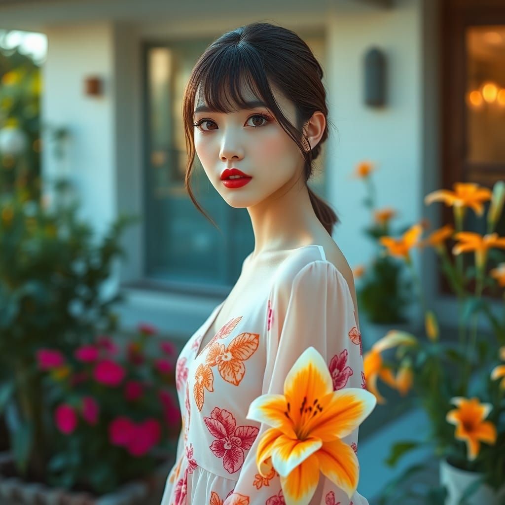 Beautiful Woman in Garden, Realistic Oil Painting