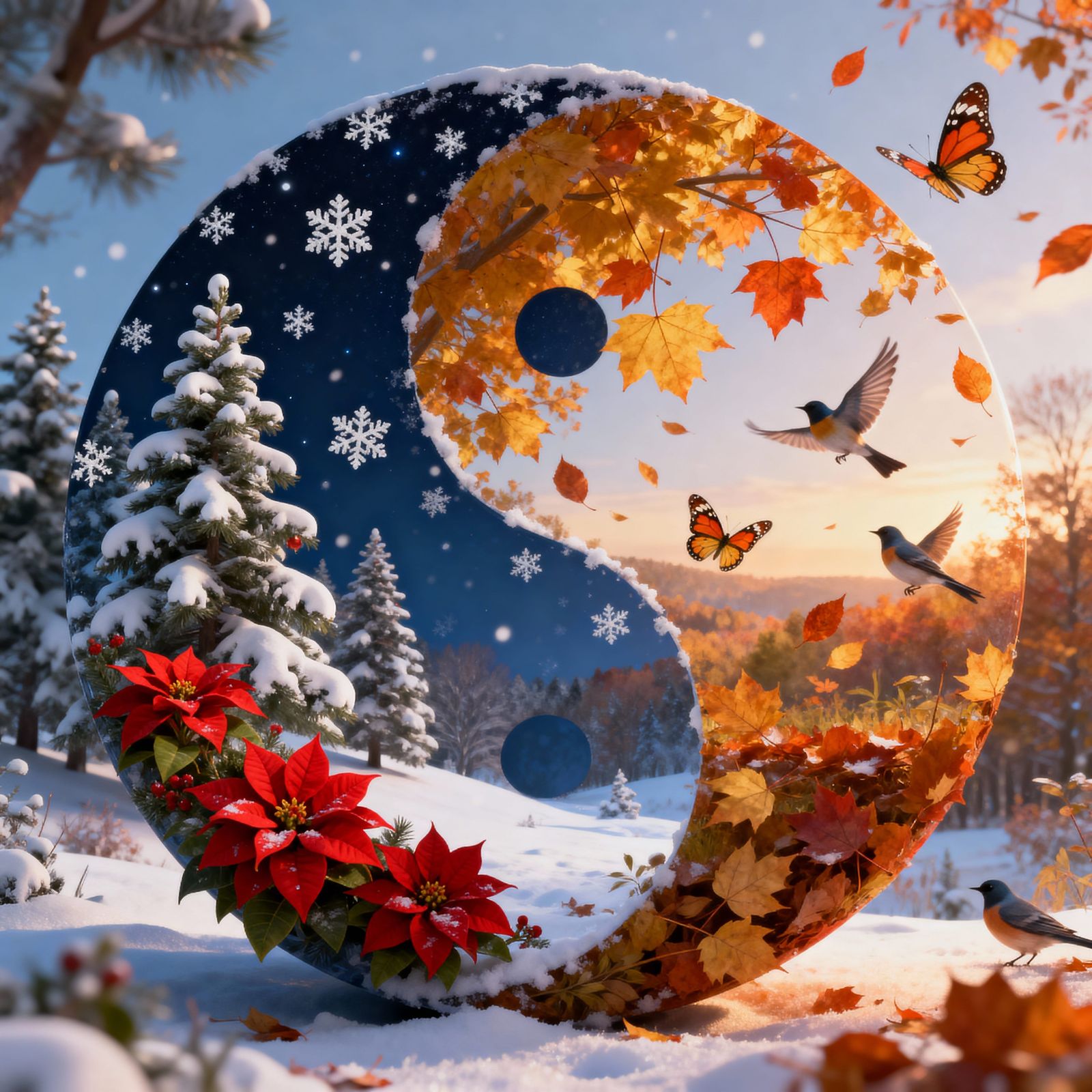 Surreal Split Orb Merging Winter and Autumn Seasons in 3D Re...