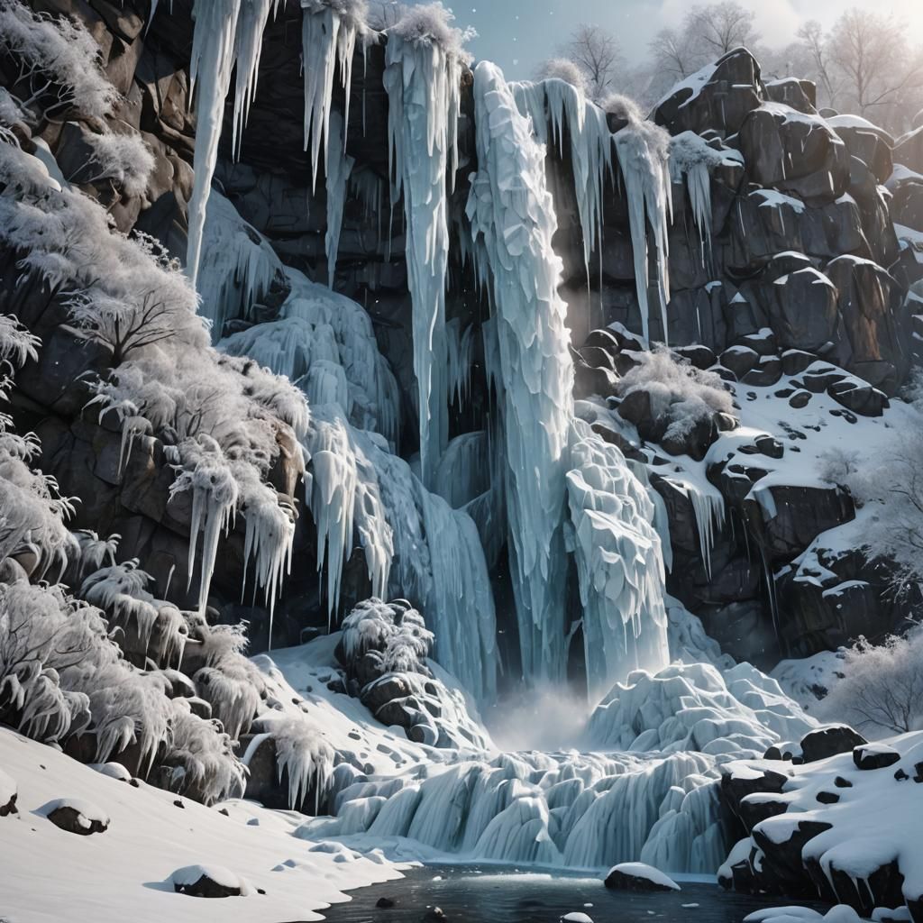 Frozen Waterfall Cascades Down Snowy Mountain