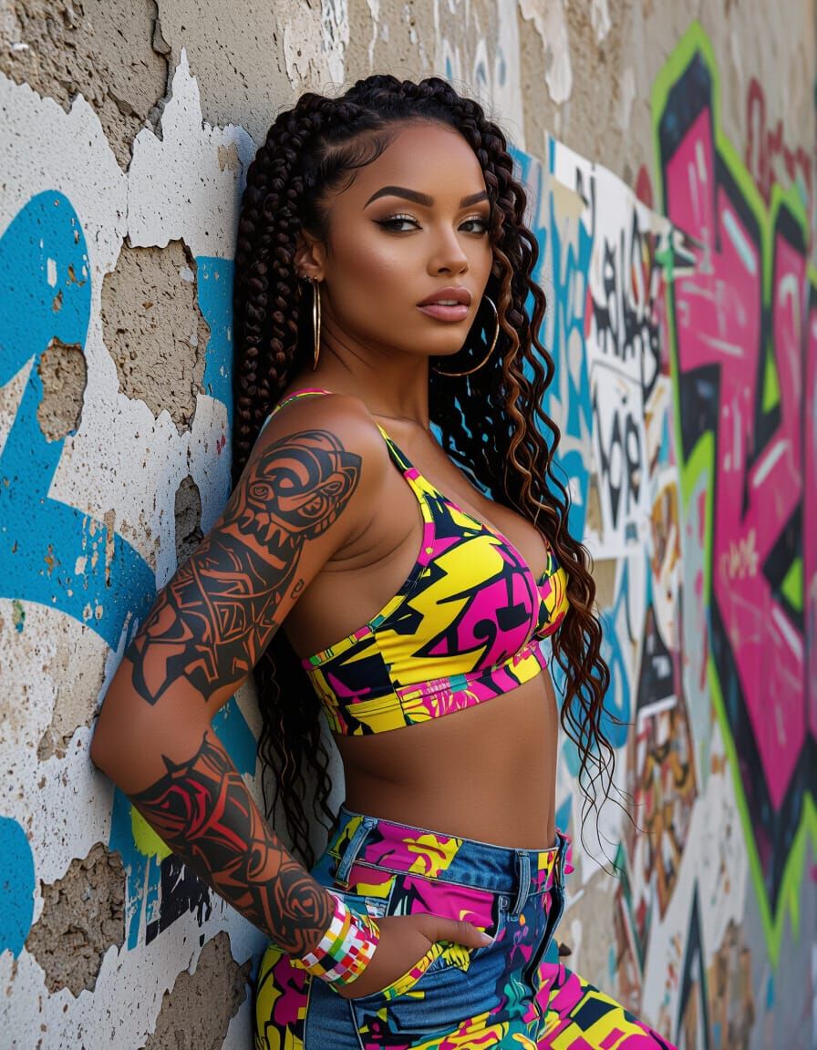 Street Art: Smiling Black Woman with Braids in Urban Decay