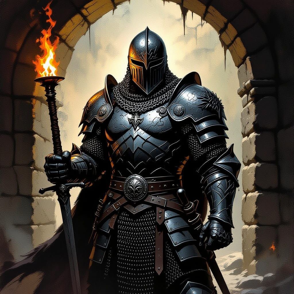 Warrior in Chainmail in Dark Fantasy Dungeon