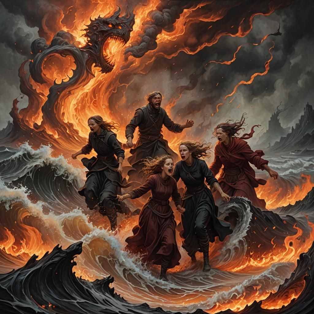 Family Escaping Fire Wave in Dark Surrealist Art