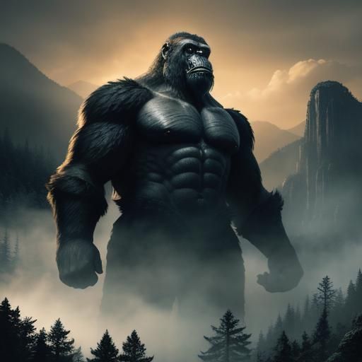 King Kong Victorious on Misty Peak in Anime Style