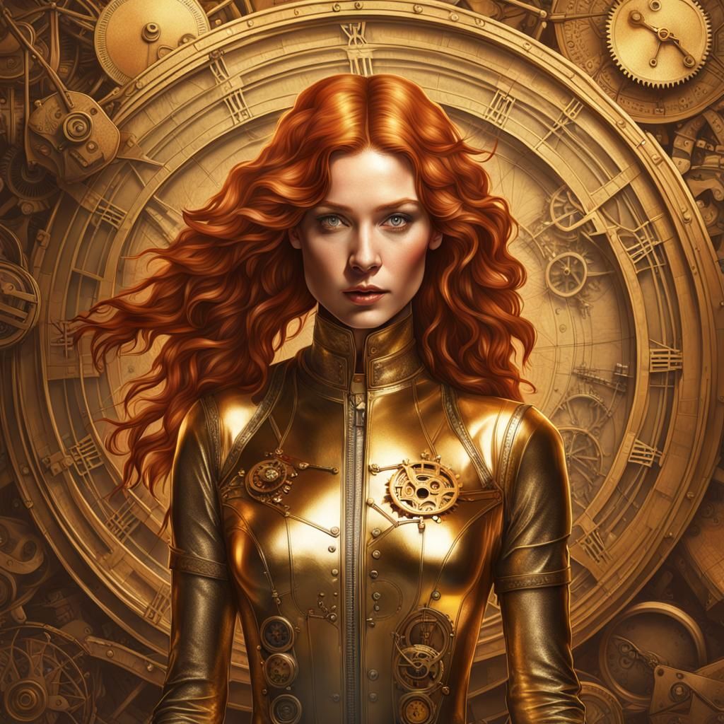 Steampunk Vitruvian Woman in Gold Latex