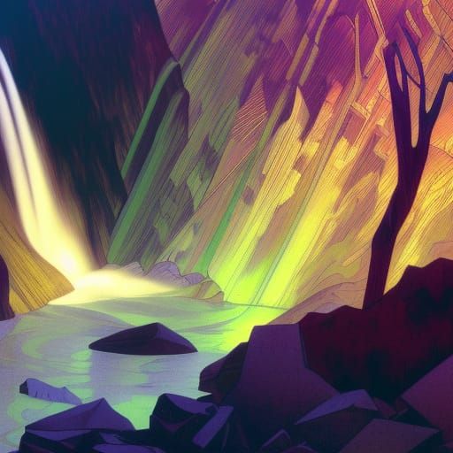 Demonic Waterfall Home in Biopunk Vorticism Style