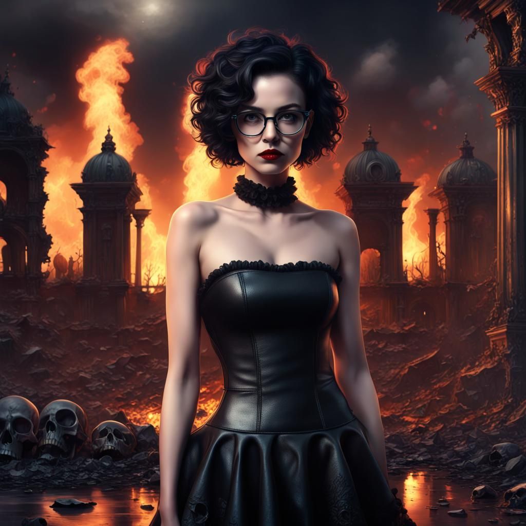 Gothic Girl in Burning Ruins Tattoo Style