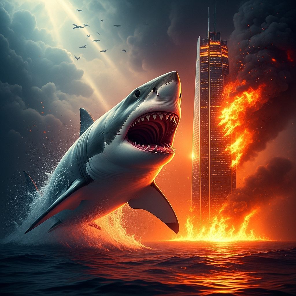Fiery Shark Breach Beside Burning Skyscraper