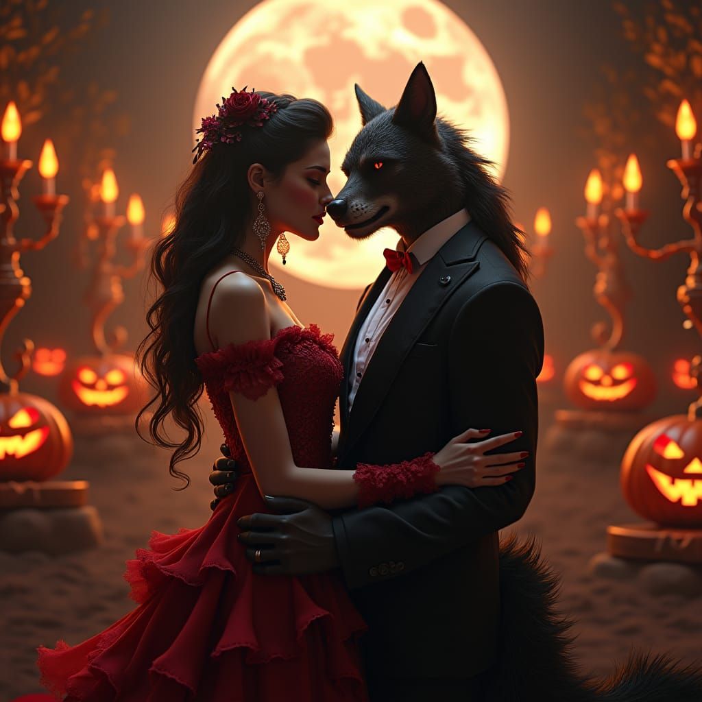 Romantic Vampire and Werewolf Couple at Halloween Prom