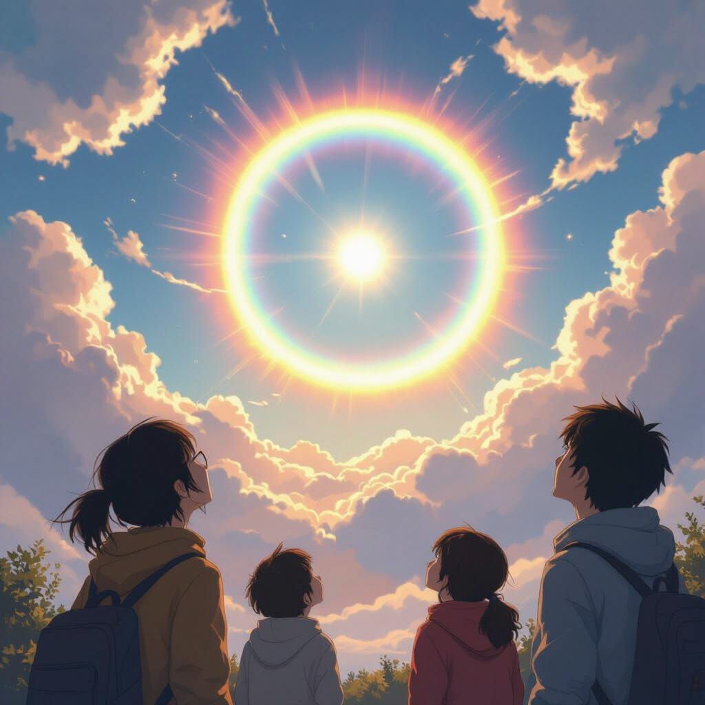 People Gaze at Sun Halo Rainbow in Anime Style