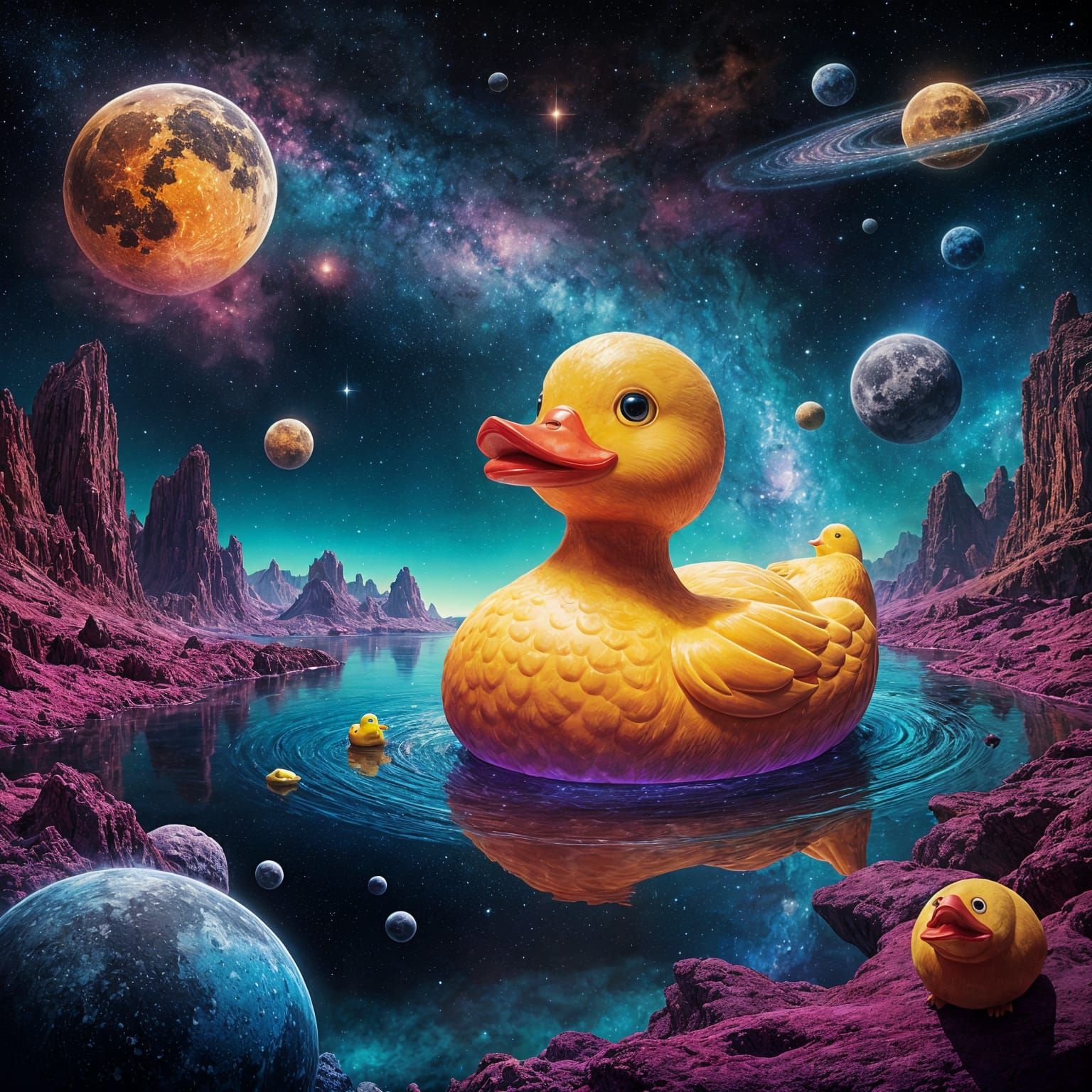 Surreal Cosmic Rubber Duck in Vibrant Nebula Scene