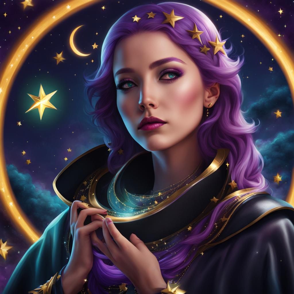 Woman with Purple Hair, Stars and Moons