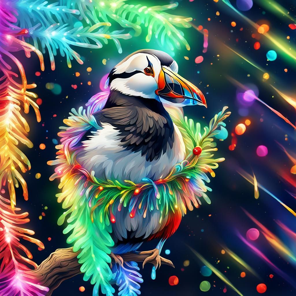 Christmas Puffin with Antlers in Surrealist Style