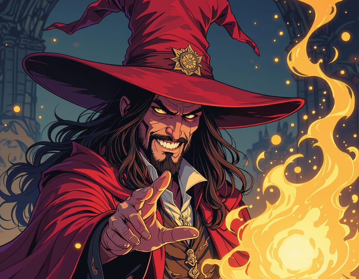 Red Wizard Casting Magic in Victorian Style