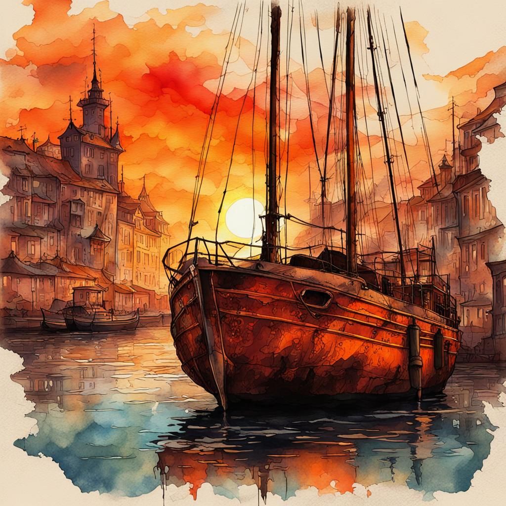 Rusty Sailboat Sunset: Steampunk Ink Painting