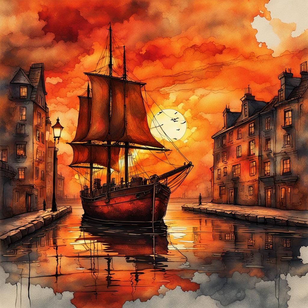 Steampunk Sailboat at Sunset: Ink Painting Style