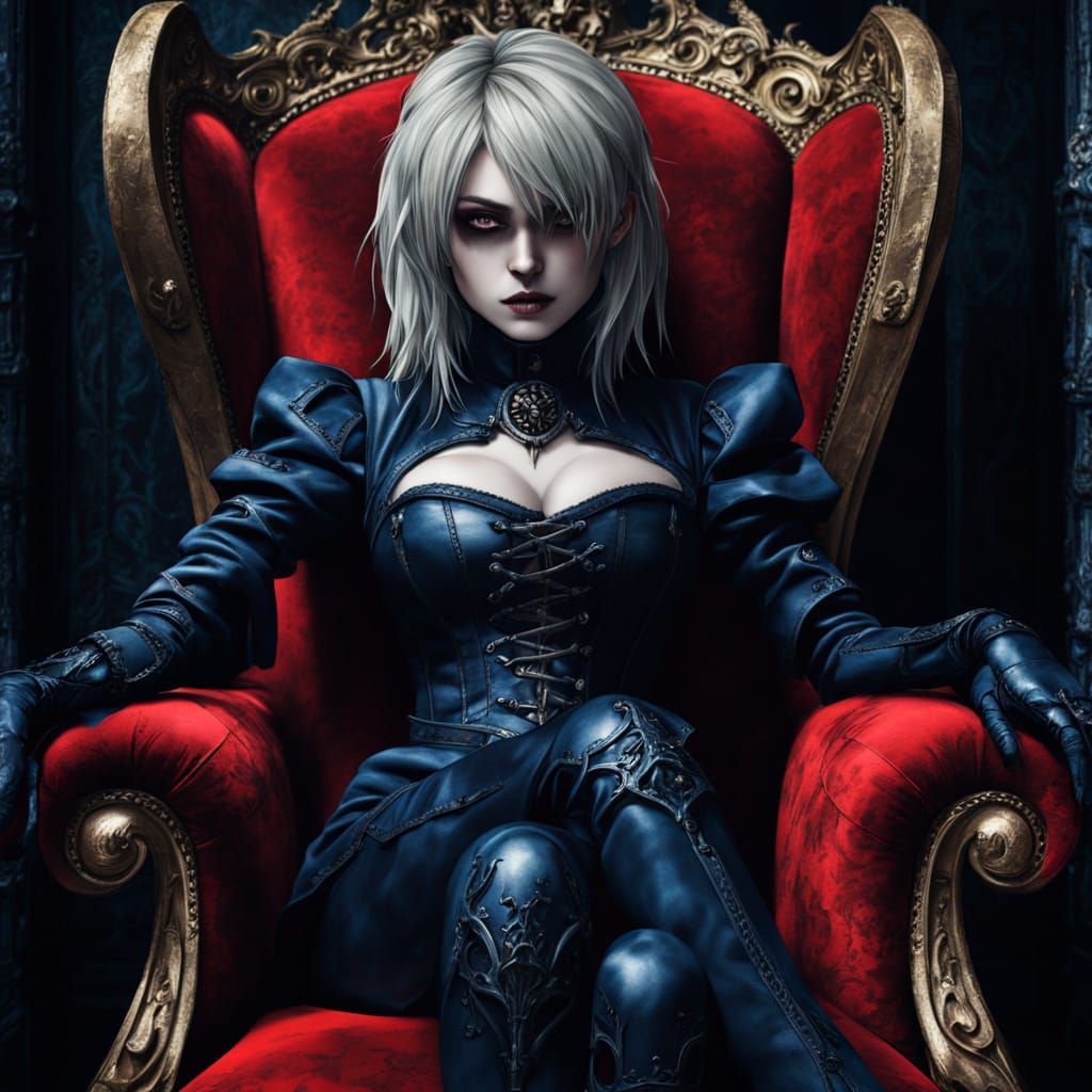 Gothic Anime Queen Seras Victoria in Opulent Red Chair
