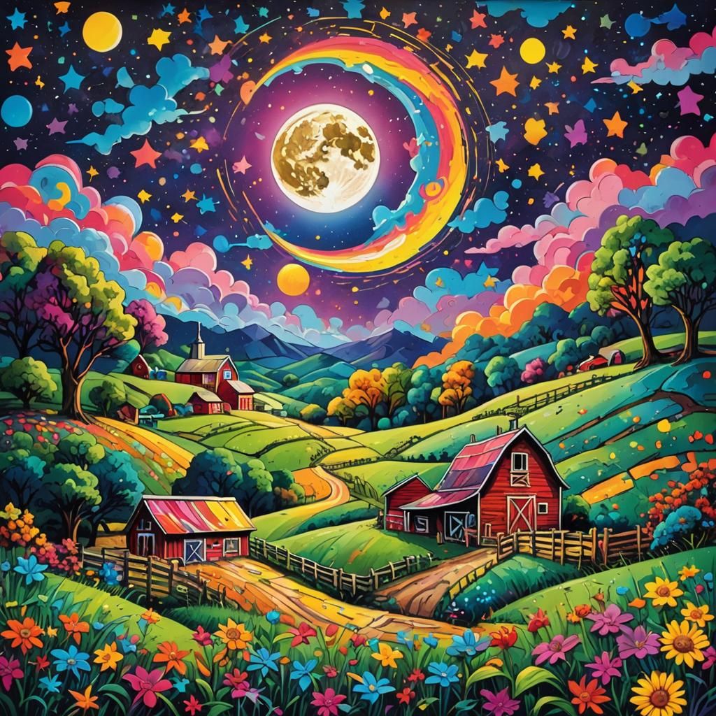 Colorful Farm Landscape in Graffiti Art Style