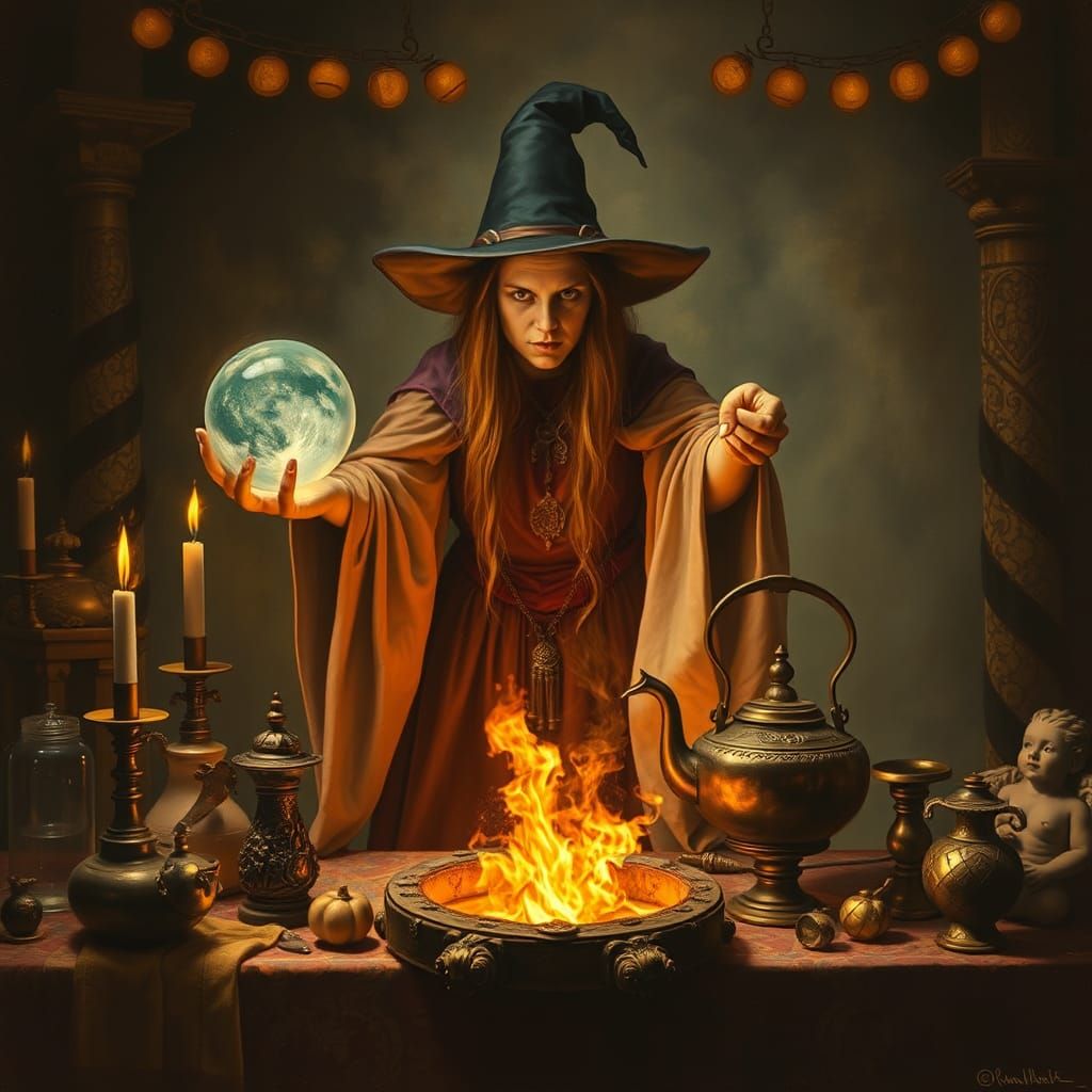 Evil Witch Gazing into Future: Neovictorian Painting