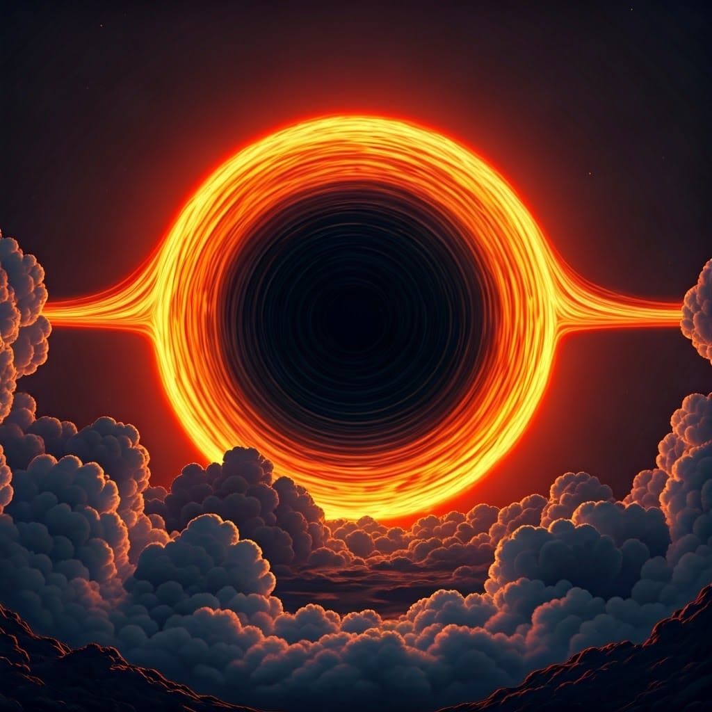 Surreal Cosmic Landscape with Black Hole and Swirling Vortex