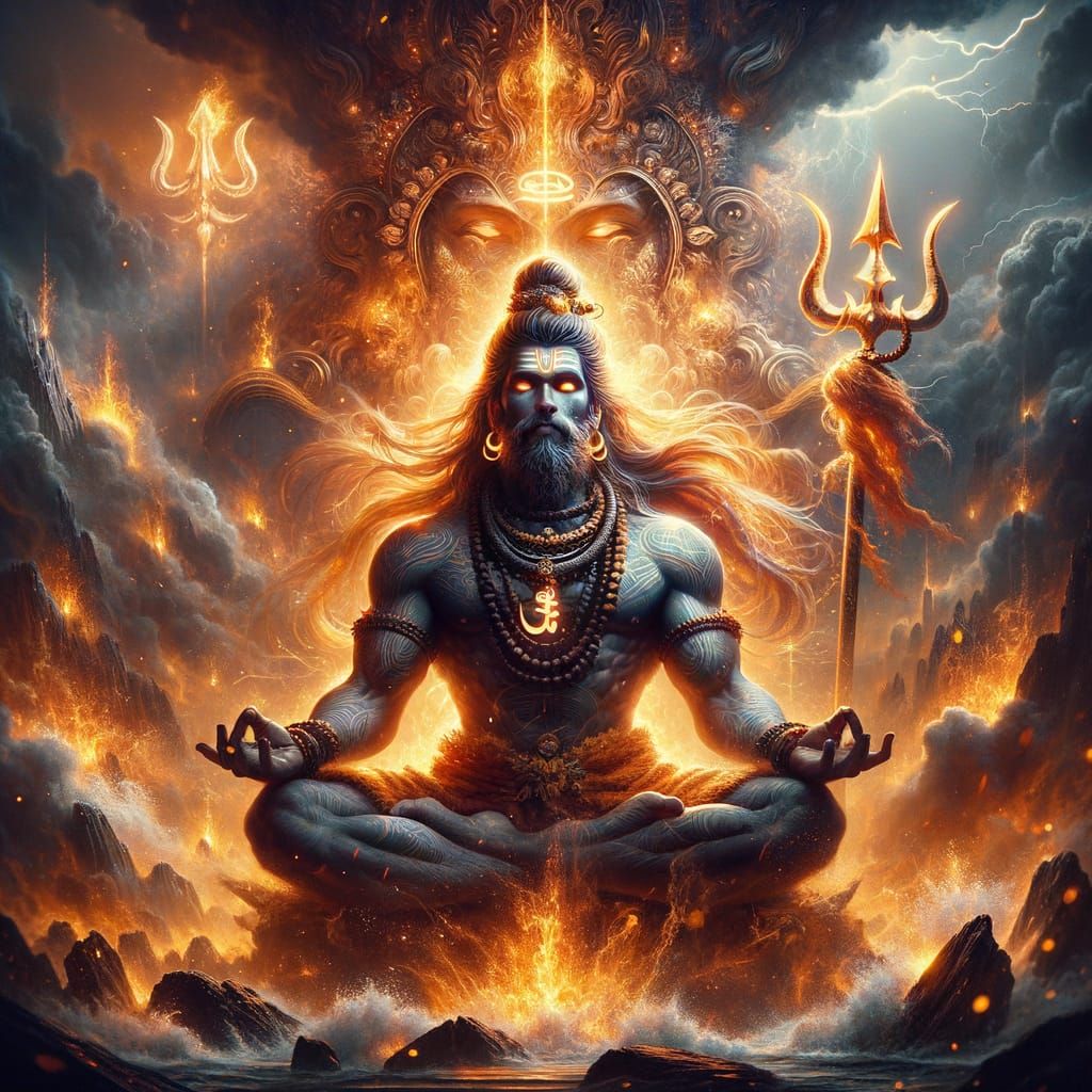 Hanuman Ji in Rudra Avatar Meditating Amidst Fire and Storm