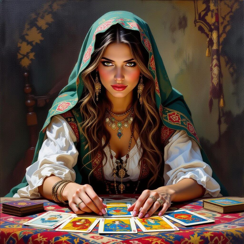 Fantasy Oil Painting: Gypsy Tarot Card Reader