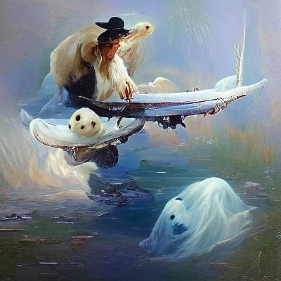 Witch Rides Polar Bear in Airplane: Oil Painting