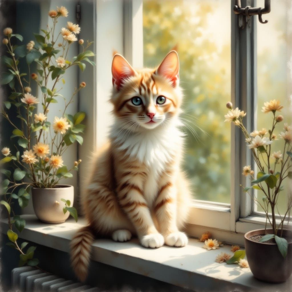 Cute Kitten on Sunny Windowsill in Realistic Style