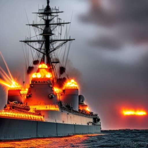 Battleship Steaming Through Storm: Hyperrealistic Compositio...