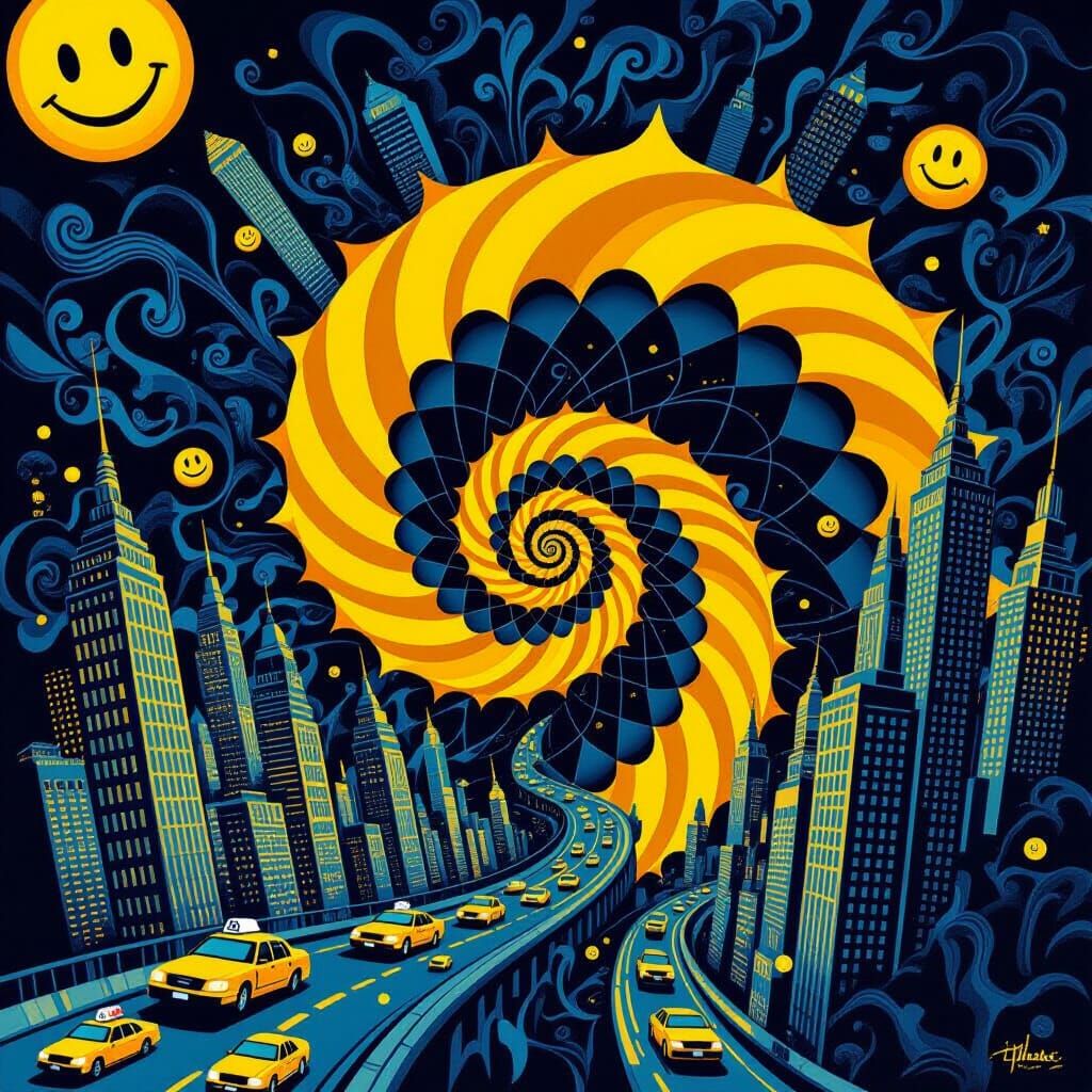 Vibrant Yellow Smiley Spiral in Escher Style