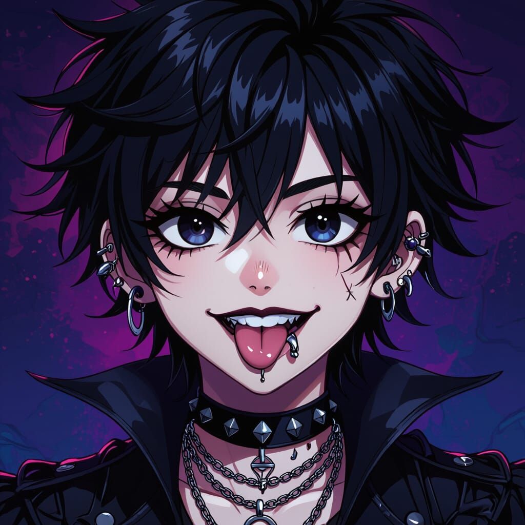 Goth Anime Boy with Piercings and Wicked Smile in Studio Tri...