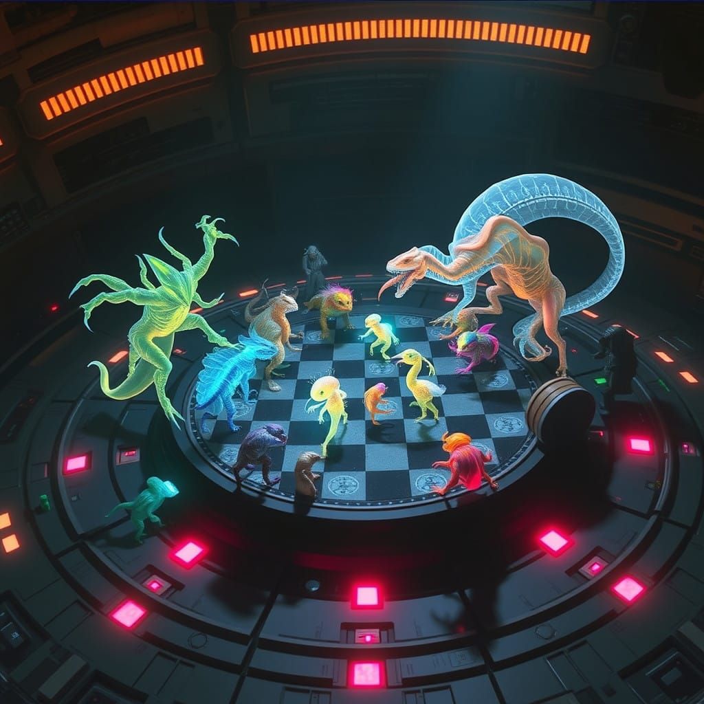 Circular Holographic Chessboard Scene in Futuristic Star War...