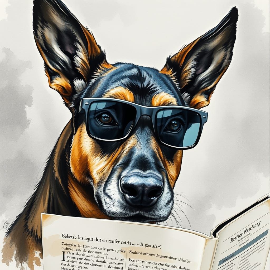 German Shepherd Reading Newspaper in Gouache Impressionist S...