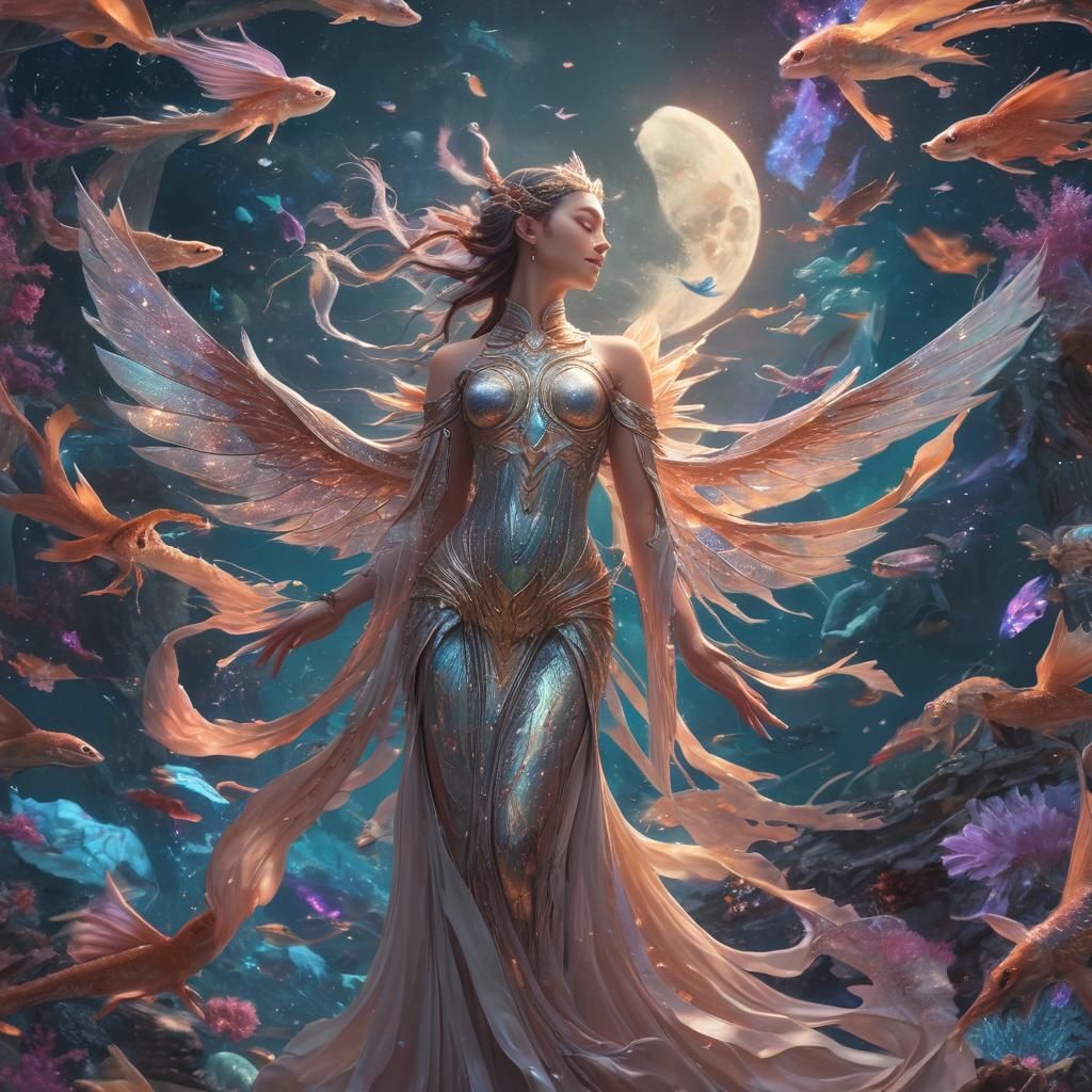 Moon Goddess with Dragons in Surreal Cosmic Scene