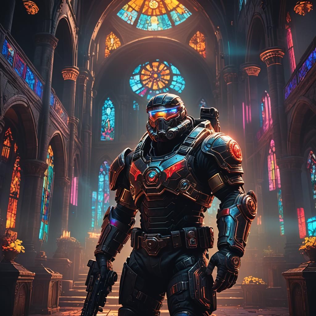 Marcus Fenix in Synthwave Neon Church