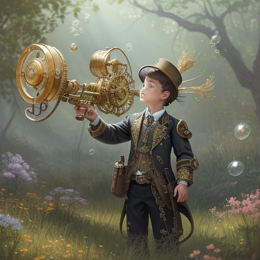 Steampunk Toddler Bull Blows Bubbles in Clockwork Meadow