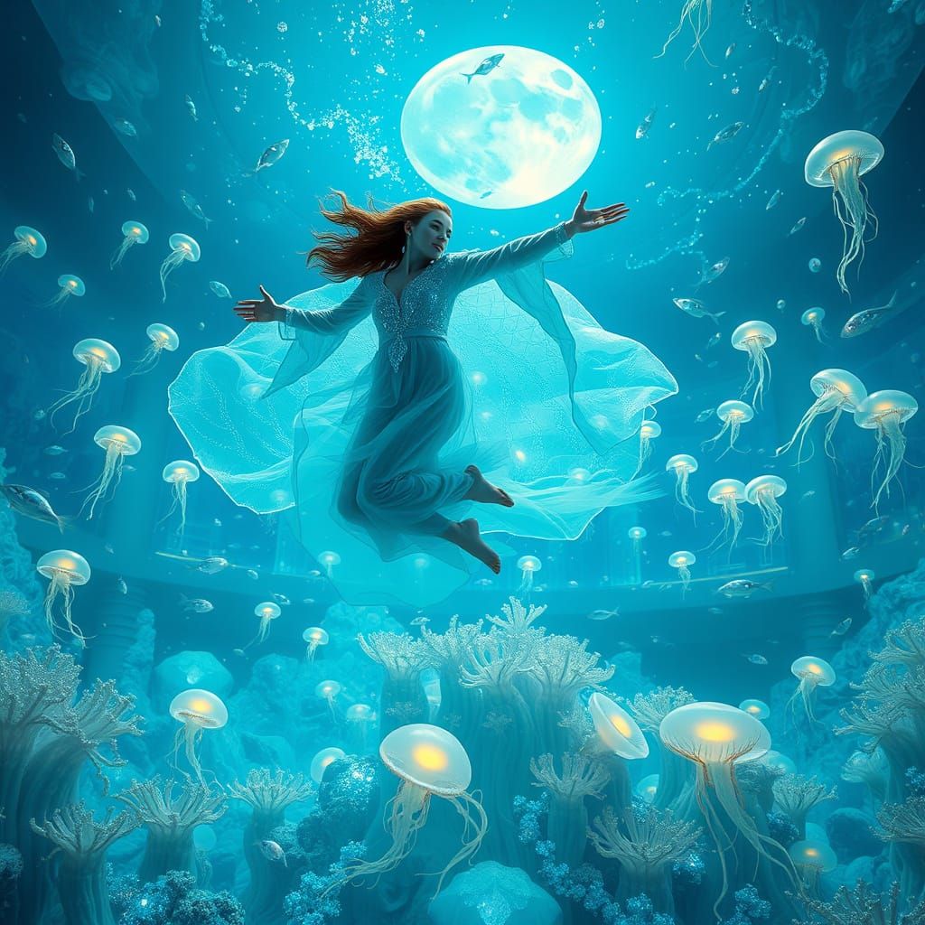 Mystical Aquatic Zodiac Figure Jumps in Dreamy Moonlit Blue ...
