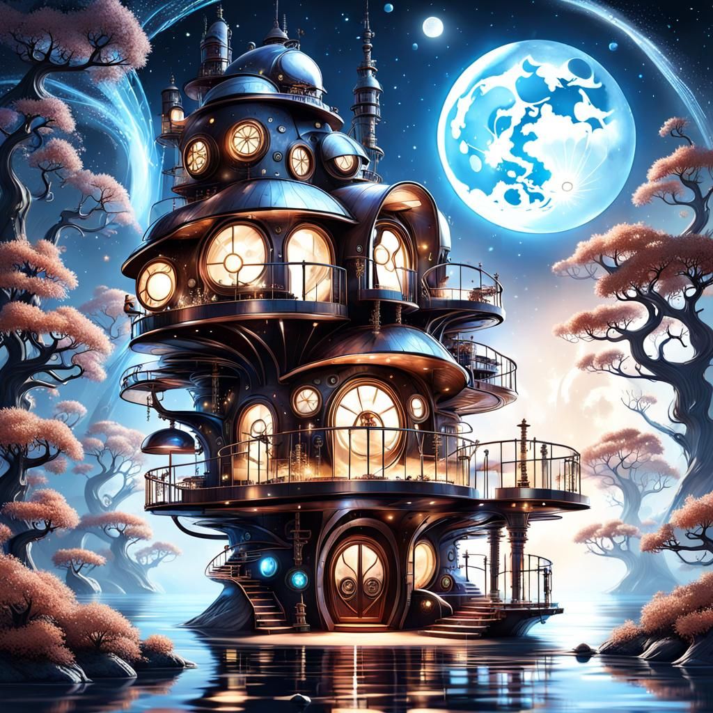 Steampunk Fantasy House Bathed in Moonlight