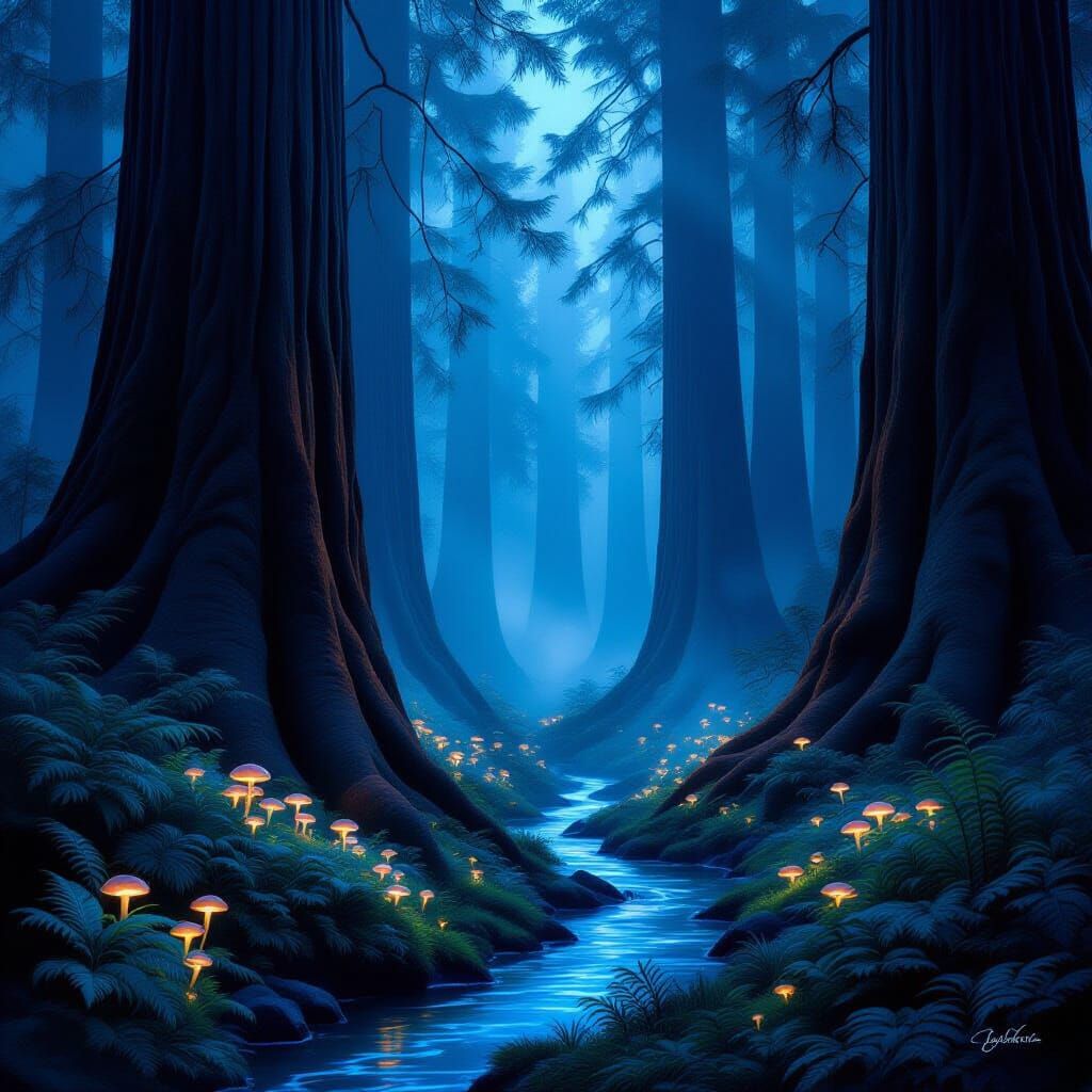 Ancient Redwood Forest Twilight Mist with Bioluminescent Glo...