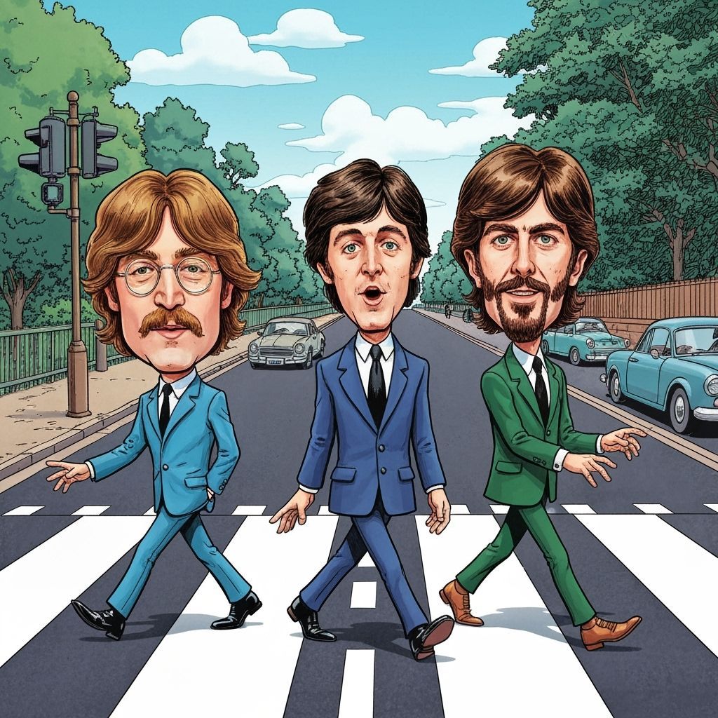 Beatles Caricature Crossing Abbey Road in Comic Style