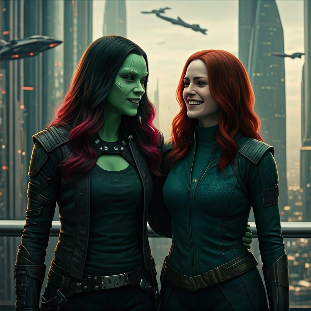 Futuristic Cityscape: Gamora and Jean Grey in Harmony