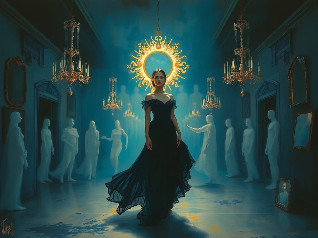 Ethereal Woman in Midnight Ballroom