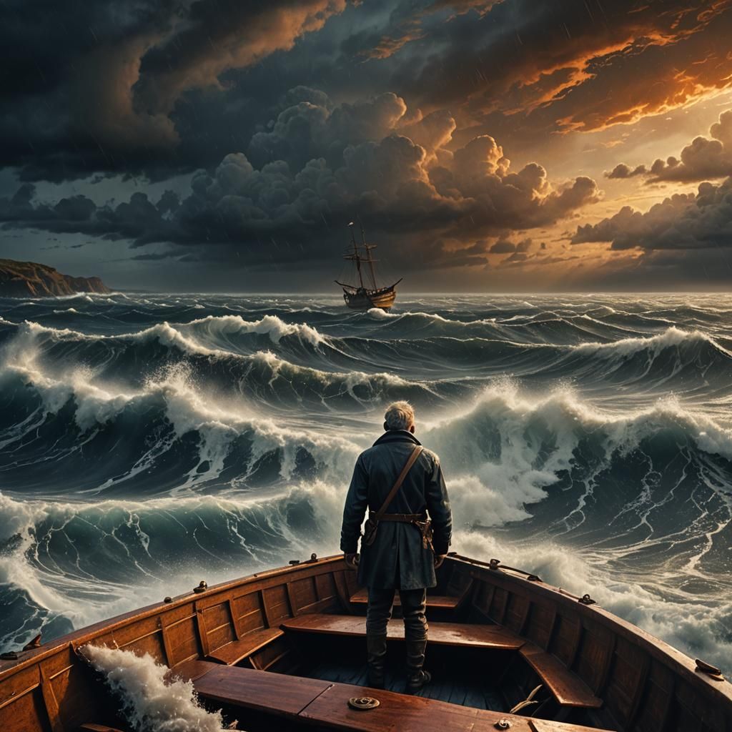 Seafarer Navigating Stormy Seas in Expressive Landscape