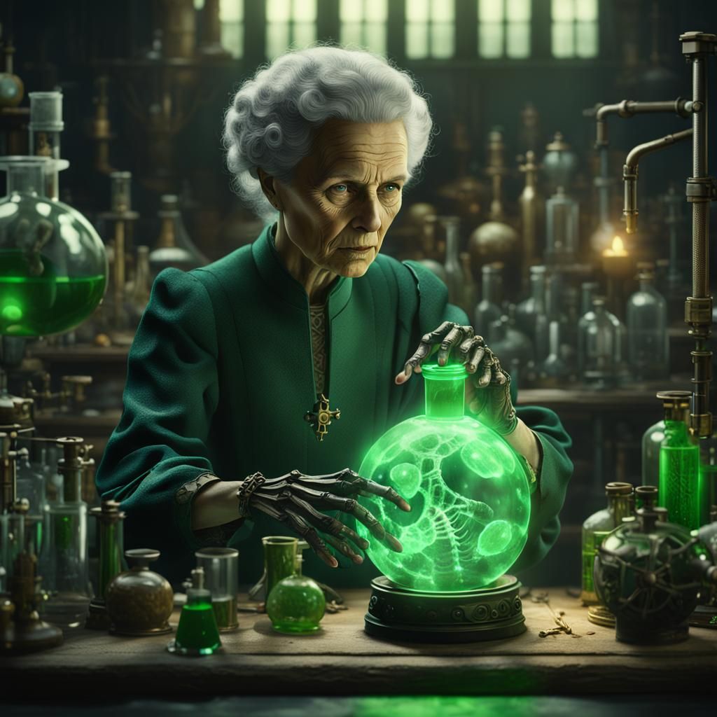 Marie Curie's Green Glow: A Fantastical Lab Scene