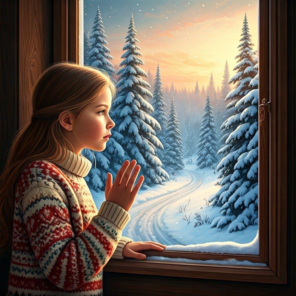 Young Girl Peers Out at Snowy Winter Wonderland