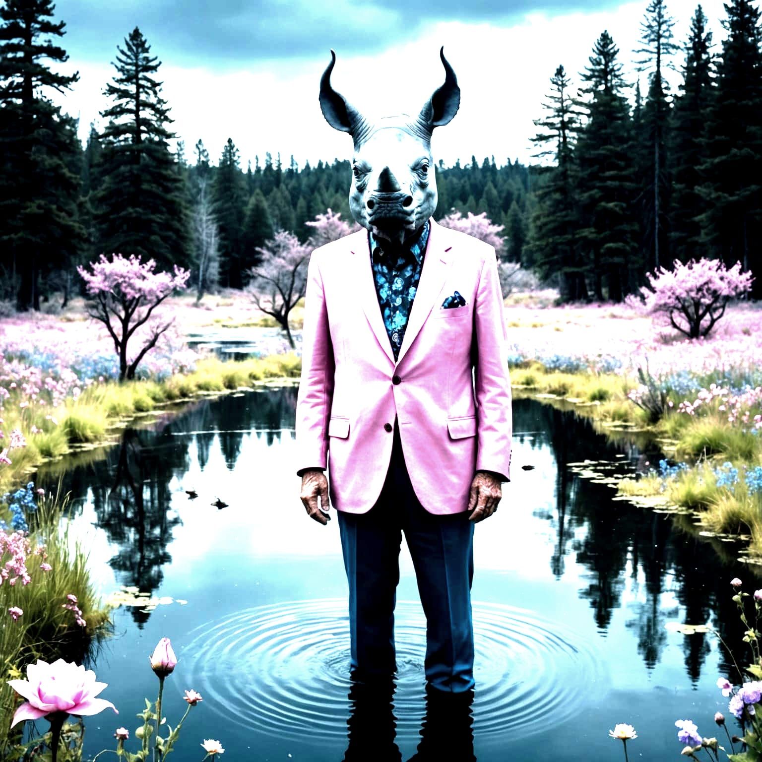 Surreal Rhino-Headed Man in Dream Landscape